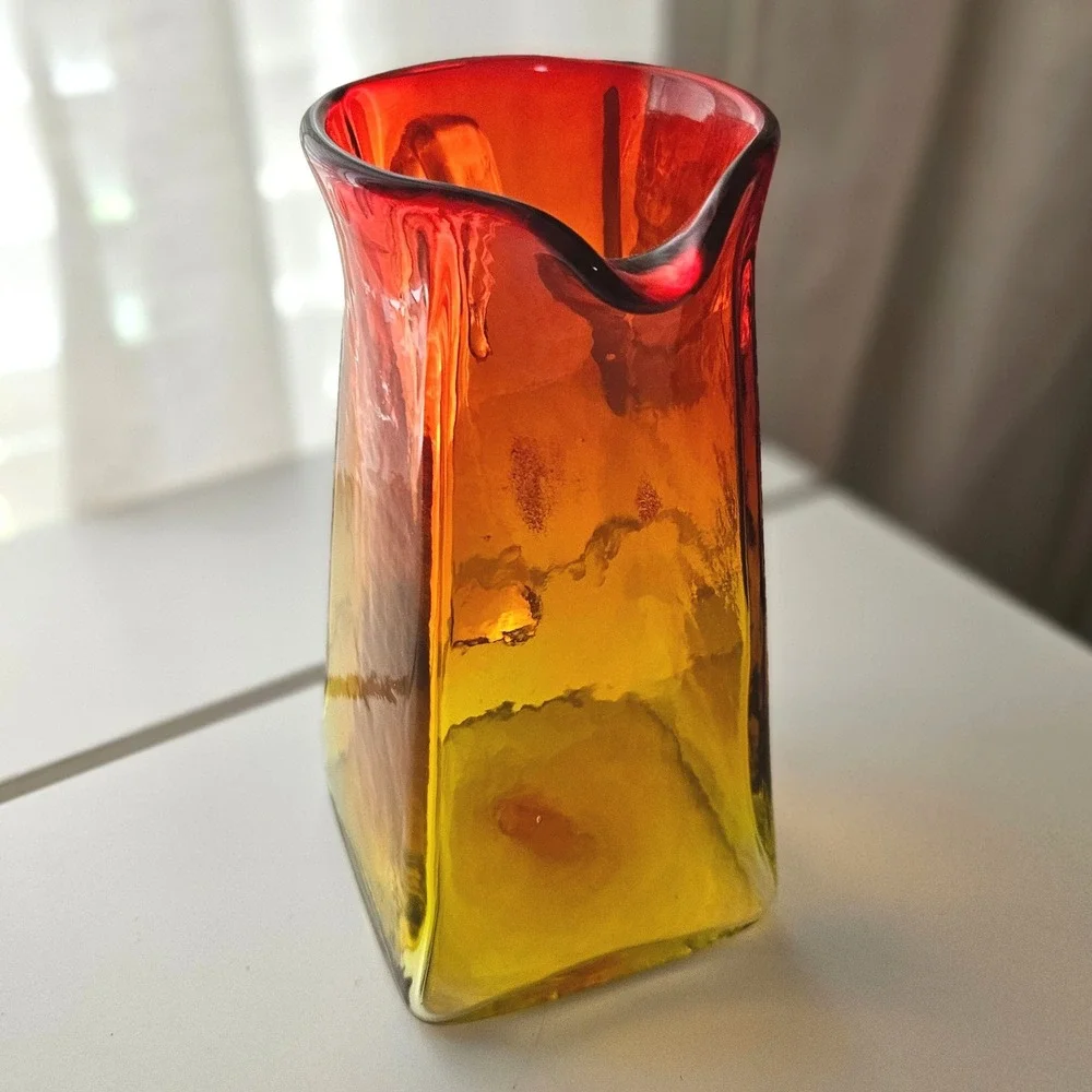 Vtg Blenko 603 Tangerine Amberina Square Hand Blown Art Glass Pitcher